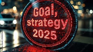 2025 goal and strategy: A modern digital image displaying a 'goal, strategy 2025' message in a city setting, with rain creating a reflective, atmospheric mood.