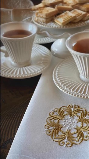Renaissance Pearl Medallion…looks good enough for royalty with these gorgeous cups and saucers from Lenox Our embroidery designs are available at: soniashowalterdesigns | Sonia Showalter Machine Embroidery