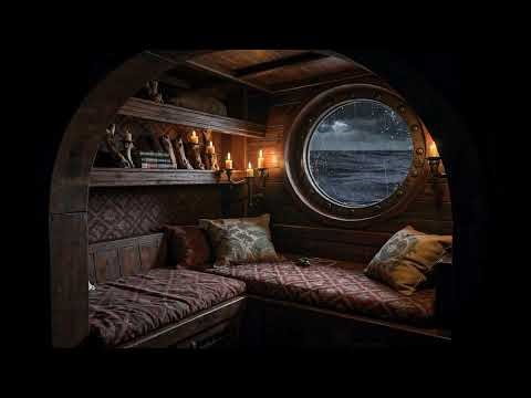 10 HOURS Cozy Pirate Ship Cabin Ambience 🏴‍☠️ Rain & Creaking Wood Sounds for Focus & Stress Relief