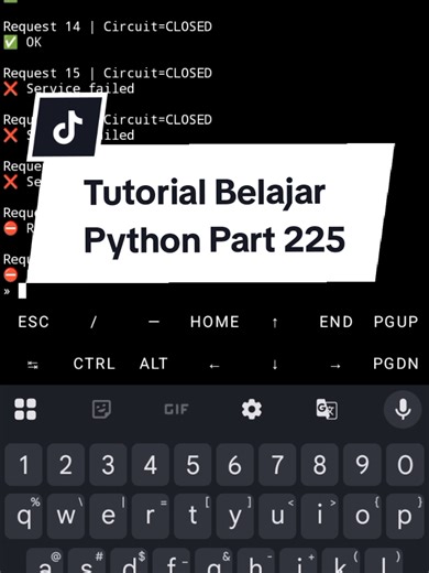 Tutorial Belajar Python Part225 untuk pembelajaran pemula. Materi — Circuit Breaker Pattern (Anti Cascading Failure) 1️⃣ Judul Materi Membangun Circuit Breaker untuk Melindungi Microservice dari Kegagalan Berantai 2️⃣ Penjelasan Materi Circuit Breaker adalah sistem pengaman: Jika satu service mulai error → maka langsung diputus supaya: Tidak membebani service Tidak menjatuhkan sistem lain Sistem bisa pulih Dipakai di dunia nyata: Netflix Hystrix Resilience4j Istio Cloud services > ❝ Lebih baik g