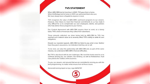TV5, ABS-CBN release statement on content partnership TV5 and ABS-CBN have released their official statement regarding the content partnership and agreement between the Kapatid and Kapamilya networks. Listen to Ted Failon’s full explanation on the issue. | ONE News