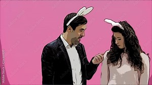 Young couple are beautiful on pink background. During this time, they are dressed in rabble ears. Looking at each other, behave like rabbits, reproducing movements of the mouth and teeth. Easter.
