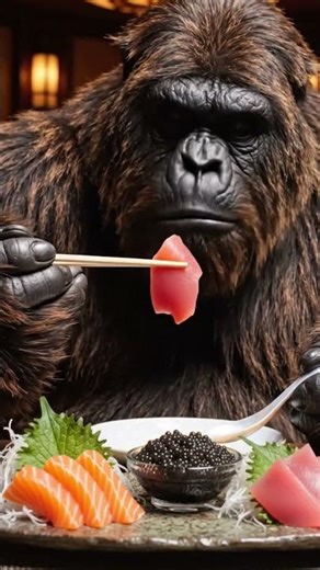 Sasquatch eating sashimi and caviar