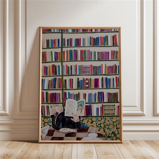 Library Reading Scene Poster, Bookshelf Wall Art Printable, Book Lover Illustration Home Decor