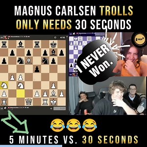 404K views · 5.3K reactions | GM Magnus Carlsen Trolls WFM Alexandra Botez By Casually Playing 30 Seconds Only. GM Magnus Carlsen's captivating match against WFM Alexandra Botez is a must-watch as he playfully grants Botez a generous 5-minute time advantage, while he faces the challenge with only 30 seconds on the clock, resulting in an entertaining and remarkable victory. #ChessInfinity #Chess | Chess Infinity | Facebook