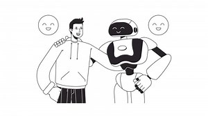 Human hugging AI bw animation. Animated half body man with robot 2D flat monochromatic thin line characters. Positive impact 4K video concept footage with alpha channel transparency for web design