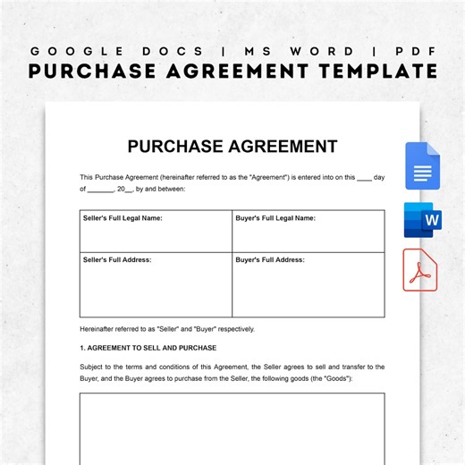 Simple Purchase Agreement Template | Printable Property Asset Purchase Form | Editable Contract for Business Goods | Google Doc | Word | PDF - Etsy