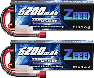 Zeee 2S Lipo Battery 6200mAh 7.4V 60C Hard Case Battery with T Connector for RC Vehicles Car Truck Truggy Boat Racing Hobby(2 Pack)