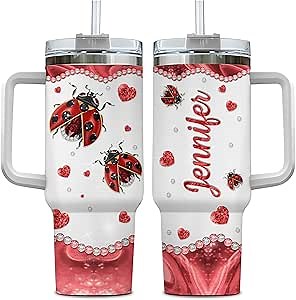 Hyturtle Personalized Gifts For Ladybug Lover Tumbler 40oz with Handle and Straw - Stainless Steel Travel Coffee Cup With Lid - Cute Animal Lover Gifts For Women, Girl, Kids On Birthday Christmas