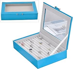 Shop LC Blue Turquoise Ring Box Trinket Jewelry Organizer Faux Leather Case Cabinet with Glass for Display Ring, Tarnish Lining Approx 100 Rings Christmas Gifts