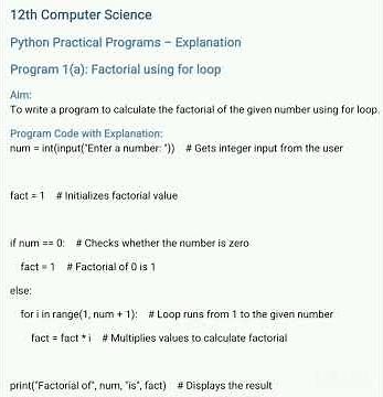 12th Computer Science | Python Practical 1(a)Factorial Program – Step by Step Explanation