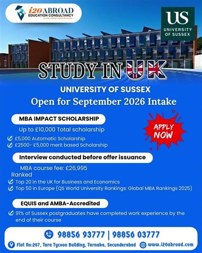 University of Sussex MBA 2026 🇬🇧 | Up to £10,000 Scholarship | Top UK Business School #i20abroad
