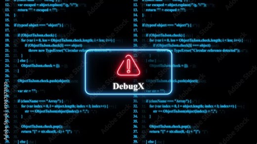 Debug x software error warning sign on digital programming code background, cyber security system alert animation