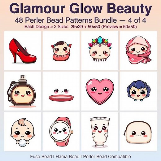 Glamour Glow Beauty Perler Bead Patterns Bundle, 48 Designs (PDF Digital Downl... | Full Walkthrough