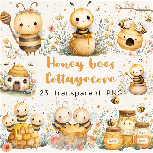 Honey Bees Clipart PNG | 23 Watercolor Bees Cottagecore Nursery Bundle - Etsy