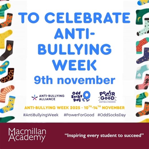 Millions of children, parents, workplaces and celebs join #OddSocksDay to celebrate what makes us unique. Turn up in your odd socks on Monday to join in. Show your support - #PowerForGood this #AntiBullyingWeek | Macmillan Academy