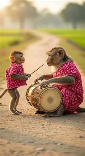 Funny Monkeys Playing Drum in Village | Drumming Stars Go Wild #monkeys #drums #funny