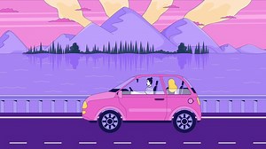 Roadtrip couple driving scenic sunset lake highway lofi animation cartoon wallpaper. Evening car travel. Mountain lakeside road trip. Lo fi 2D animated background 4k . Concept chill