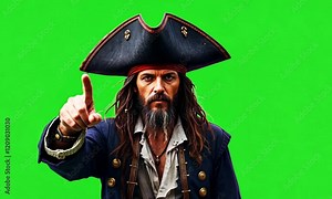 Angry pirate points to the camera on green screen
