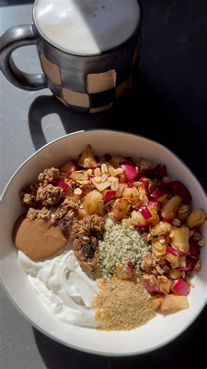 Apples are in season and this cozy harvest yogurt bowl is the best way to enjoy them 🍎✨ Warm, filling, and so delicious Ingredients: 5 oz plain whole milk yogurt (or plain plant-based yogurt) 1 apple, chopped ½ tsp cinnamon 1 tsp honey 2 handfuls rolled oats 1 tbsp flax meal 1 tbsp hemp seeds 1 tbsp walnuts, almond butter, or granola Coconut oil for cooking Directions: 1. Chop the apple into small pieces. 2. Preheat a pan and add coconut oil. 3. Sauté the chopped apple over medium-low heat for 