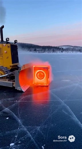 This 1000 degree washing machine is pushed out onto a frozen lake by a bull dozer. It melts the ice easily.