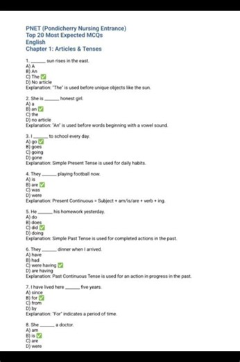📖 PNET English | Tenses | Top 20 MCQs | Pondicherry Nursing Entrance 2026