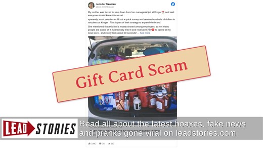 Fact Check: Users Can NOT Get $750 Kroger Gift Card By Answering Questions On Facebook | Lead Stories