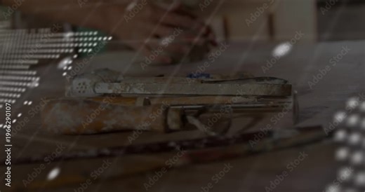 Tech fixing device using driver while dotted map terminal text overlay shifting and revealing bench