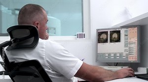 In a high-tech control room, a radiologist reviews brain scan results on monitors while a patient undergoes an MRI or CT scan. Ideal for showcasing advanced medical diagnostics and equipment.