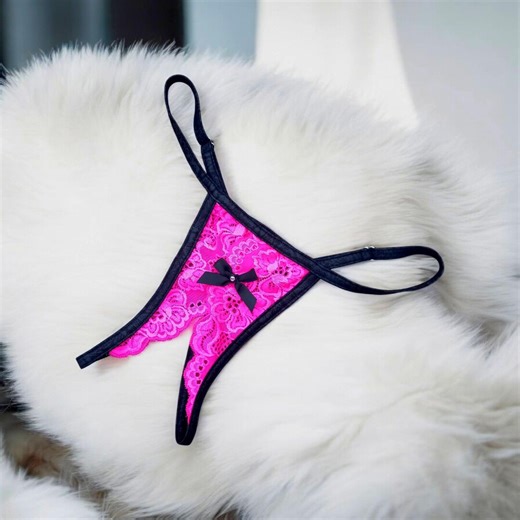 Neon Pink Floral Lace Open Crotch G String Thong Lingerie With Satin Bow & Rhinestone - Etsy