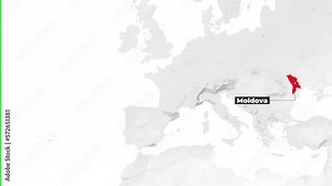 World map showing Moldova. From above zoom in. Country red is highlighted on the map. Green screen from the left at the end.