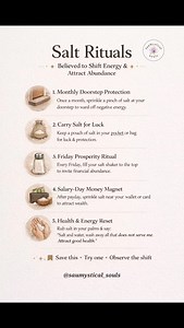 🧂 Salt isn’t just seasoning. It’s protection. It’s intention. It’s energy. For centuries, salt has been used to cleanse spaces, reset energy, and attract abundance quietly, powerfully. These simple salt rituals are about intention, consistency, and alignment. Small actions Clear intention = Powerful shifts. ✨ Save this for later ✨ Try the one that calls you ✨ Notice what begins to change 💬 Comment SALT if this found you at the right time. 🤍 Share with someone who needs grounding, protection, 