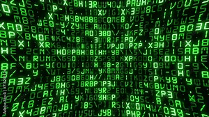 Digital code matrix motion background - coding letters, numbers and punctuation marks with glitch effect. Computer programming or hacking concept. HD looping information technology background.