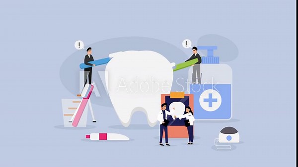 Team of dentists cleaning, checking up a tooth cartoon animation
