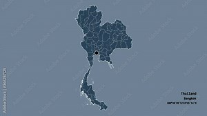 Chanthaburi, province of Thailand, with its capital, localized, outlined and zoomed with informative overlays on a administrative map in the Stereographic projection. Animation 3D