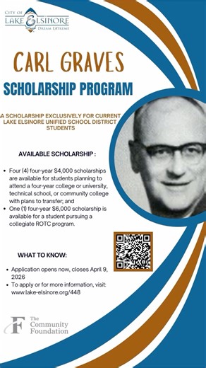 Lake Elsinore Recreation | 🎓 Attention Lake Elsinore High School Seniors! 🎓 The City of Lake Elsinore is proud to offer the Carl Graves Scholarship to support your... | Instagram