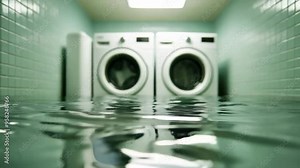 Flooded laundry room with washing machines, illustrating home water damage, insurance claims, and emergency preparedness