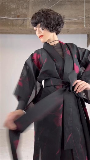 This sheer kimono dress gown with a matching string belt is upcycled from a vintage Japanese silk kimono. #machikokimono #kimono #japanfashion #upcyclefashion #dressgown | machiko_shime
