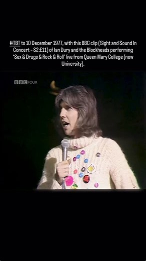 It’s #TBT to 10 December 1977 today, with this BBC clip (Sight and Sound In Concert – S2:E11) of Ian Dury and the Blockheads performing ‘Sex & Drugs & Rock & Roll’ live from Queen Mary College (now University). It features the original epic Blockheads lineup of Ian, Chaz Jankel, Charlie Charles, Norman Watt-Roy, John Turnbull, Mick Gallagher and Davey Payne. The presenter (mispronouncing the song and Ian’s name!) is Pete Drummond. #iandury #theblockheads #sexdrugsrocknroll #fyp | Ian Dury (and t