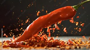 Red chili pepper exploding into pieces, with flakes flying in the air.