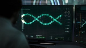 Newest Laboratory technology is helping with chromosome scientific research. Chromosome scientific research is scanning through the DNA Helix. Chromosome Scientific Research User Interface. Close-up.