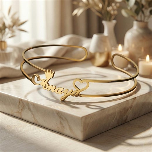 Personalized Name Cuff Bracelet – Stainless Steel Script Bangle With Heart & Crown - Etsy