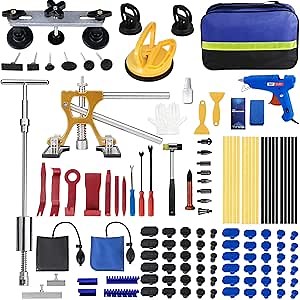 Dent Puller Kit, 129PCS Dent Removal Kit for Cars with T-bar Dent Puller, Bridge Puller, Golden Lifter, Trim Removal Tool, Air Wedge, Dent Repair Tool for Car Dent Remover Puller
