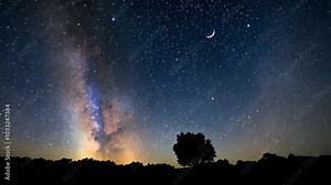 Starry Night Sky with Crescent Moon and Milky Way. A clear night sky filled with countless stars, a crescent moon, and the vibrant glow of the Milky Way.
