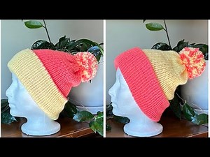 Two Toned Reversible Beanie with Removable “Striped” Pom Pom ~ Addi 46 Needle Machine