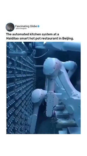 Fascinating Globe on Instagram: "Haidilao's Beijing smart restaurant features an advanced Intelligent Kitchen Management System (IKMS) using AI and robotics for automated food prep, delivery, and inventory, creating a futuristic dining experience with robot chefs, automated serving, personalized broth, and enhanced hygiene by minimizing human contact and tracking ingredients. This system, developed with Panasonic, integrates robotic arms for precise ingredient handling and uses AGVs (Automated G