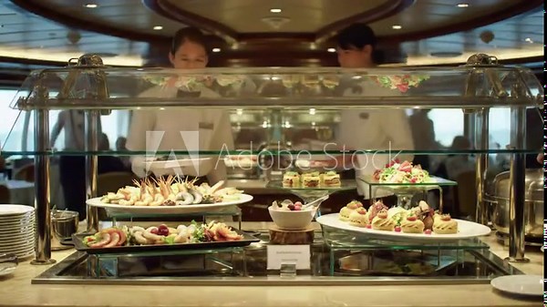 Elegant Cruise Ship Buffet with Luxury Ocean View – Fine Dining Aboard Premium Vessel Offering Gourmet Culinary Experience at Sea
