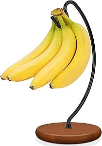 Niceyos Banana Holder Stand - Patented Modern Banana Hanger with Wood Base Stainless Steel Banana Tree Hook Rack for Kitchen Countertop (Black Brown)