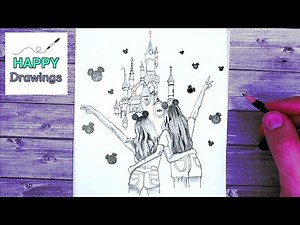 How to Draw two best friends at Disneyland | Happy Drawings | Relaxing piano