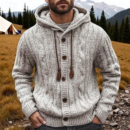 Men's Sweater Cardigan Sweater Ribbed Cable Knit Regular Tops Knitted Plain Hooded Vacation Fashion Casual Daily Wear Clothing Apparel Fall Spring &  Fall Gray M L XL 2025